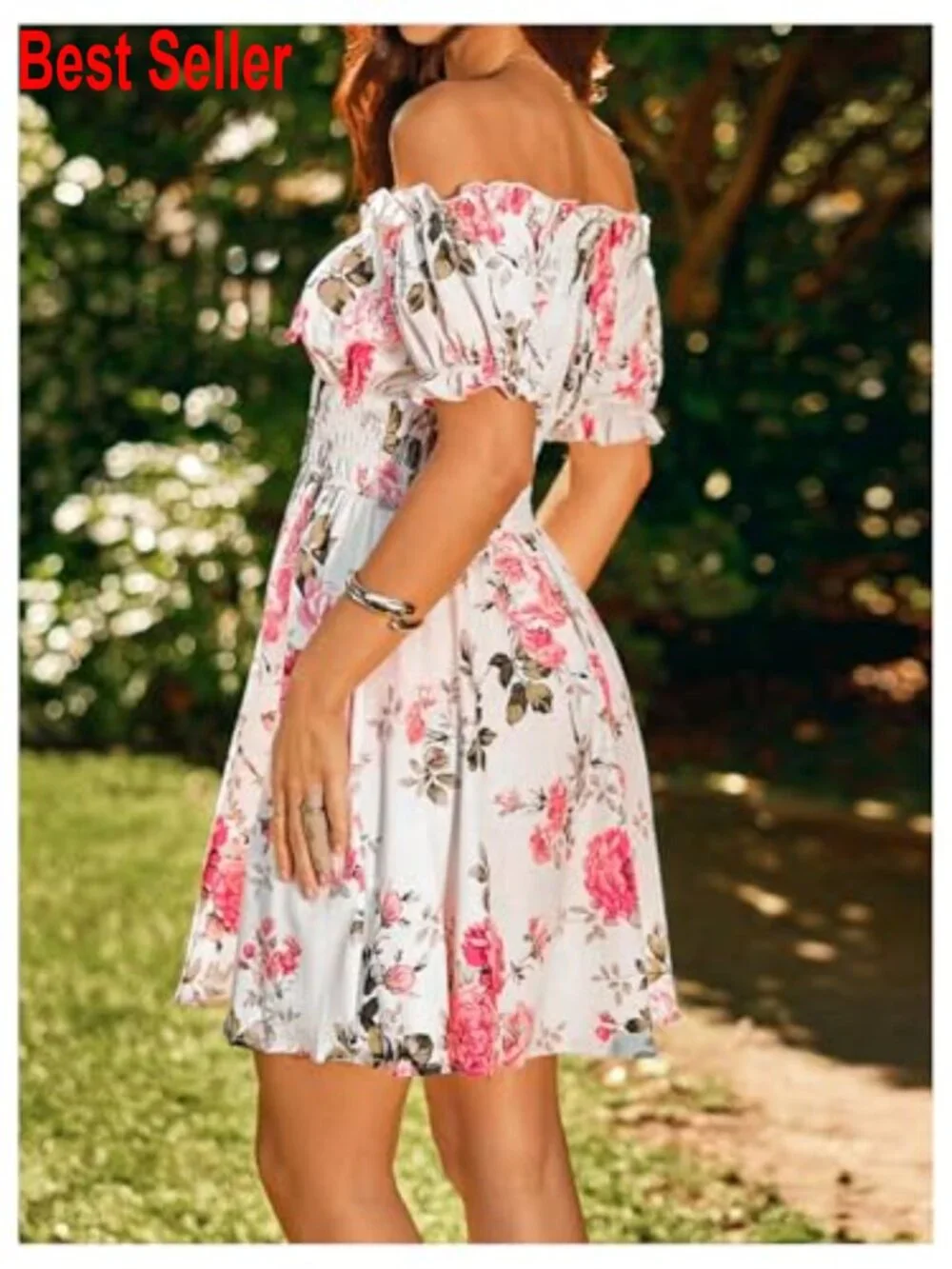 Polyester Off Shoulder Ruffle Puff Sleeve Smocked Short Dress - Picture 4 of 6